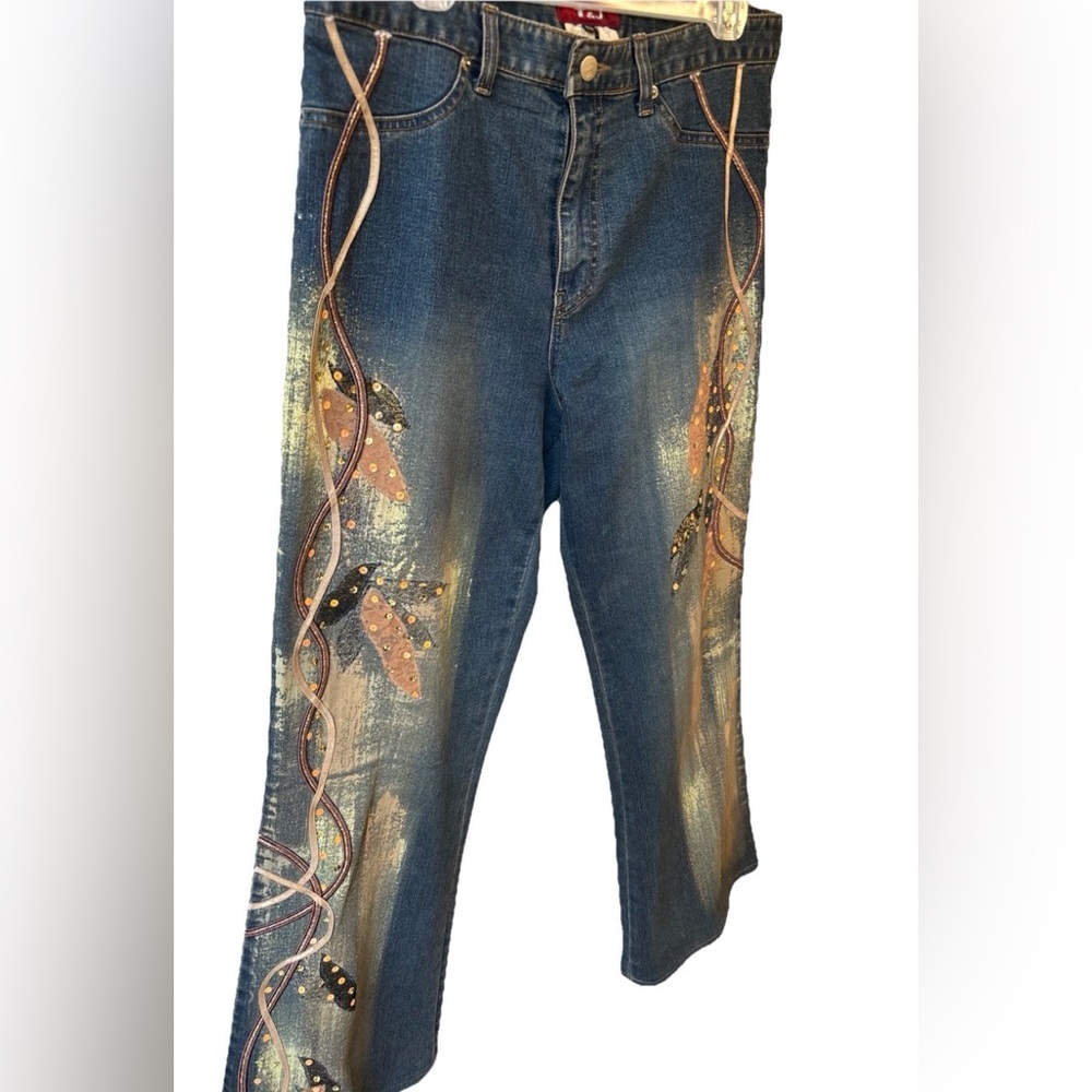 Y2K VTG Flared Boot Cut Denim Jeans Painted Gold Embellishments Made In Korea 10